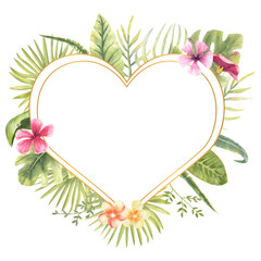 Vector illustration of a heart-shaped frame with tropical plants. Monster, banana leaves, hibiscus, etc. Floral watercolor. For the design of greeting cards, invitations