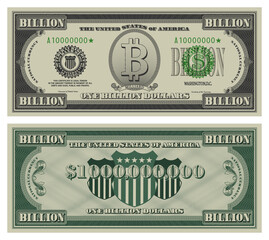 Vector one billion dollars banknote. Gray obverse and green reverse fictional US paper money in style of vintage american cash. Frame with guilloche mesh and bank seals. Milliard