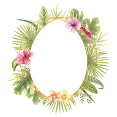 Vector illustration of a oval frame with tropical plants. Monster, banana leaves, hibiscus, etc. Floral watercolor. For the design of greeting cards, invitations