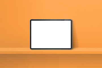 Digital tablet pc on orange wall shelf. Horizontal background banner