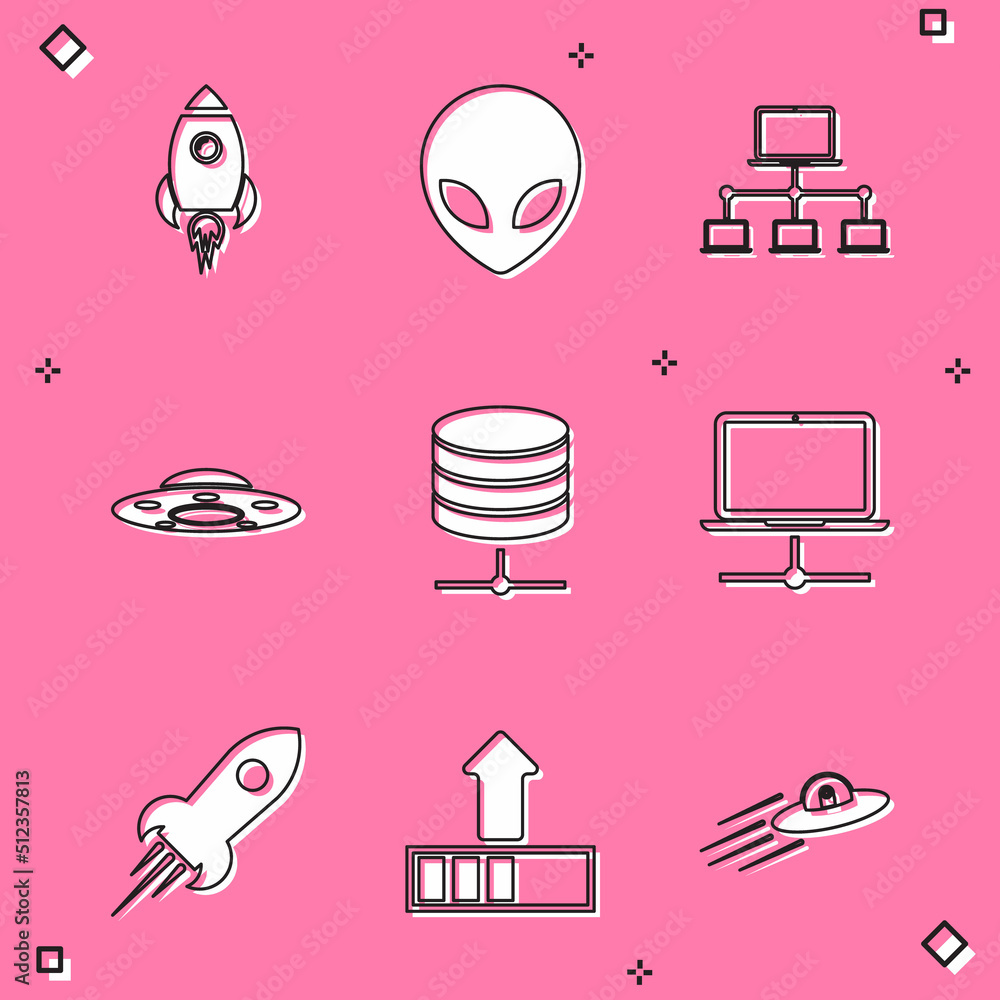 Poster set rocket ship with fire, alien, computer network, ufo flying spaceship, server, data, web hosting 