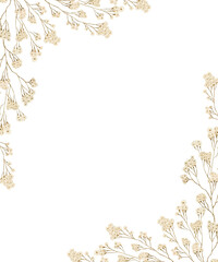 Watercolor illustration card with dry little white flowers frame. Isolated on white background. Hand drawn clipart. Perfect for card, postcard, tags, invitation, printing, wrapping.