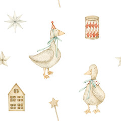 Watercolor seamless pattern with toy goose stars house. Isolated on white background. Hand drawn clipart. Perfect for card, fabric, tags, invitation, printing, wrapping.