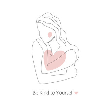 Self care, love your body concept. Cute girl hugging herself. Continuous line vector illustration of young woman. Body positive, slow living, healthcare poster