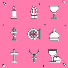 Set Burning candle, Hands praying position, Holy grail or chalice, Christian cross, Dharma wheel, Church tower, and chain icon. Vector