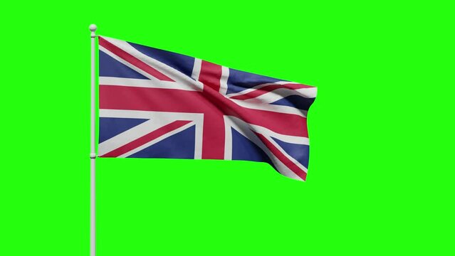 The national flag of the United Kingdom with a red cross of St. George flutters in the wind against a green screen or chroma key. freedom and independence concept