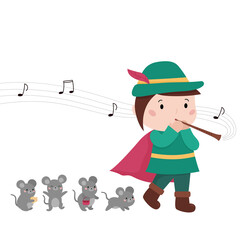 The pied piper of Hamelin playing flute with mice. Cartoon kawaii fairy tale characters on white background. Vector illustration for books, banners and magazines. - obrazy, fototapety, plakaty