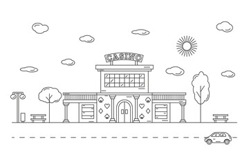 Landscape with a casino building drawn with contour lines on a white background. Editable stroke