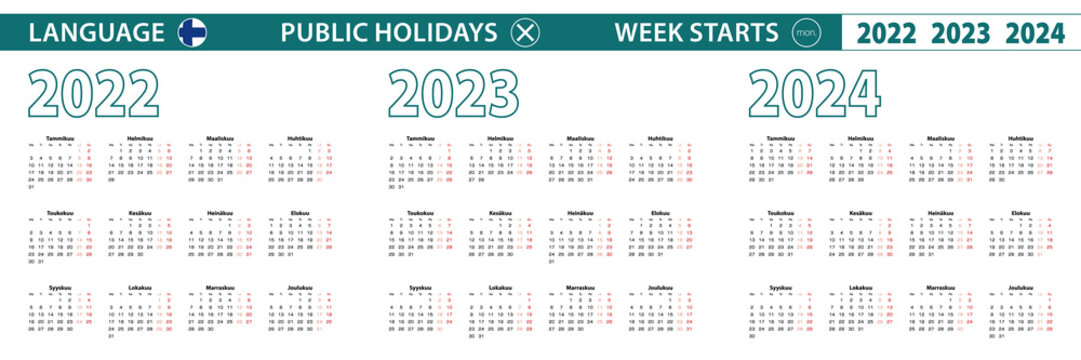 Simple calendar template in Finnish for 2022, 2023, 2024 years. Week starts from Monday.