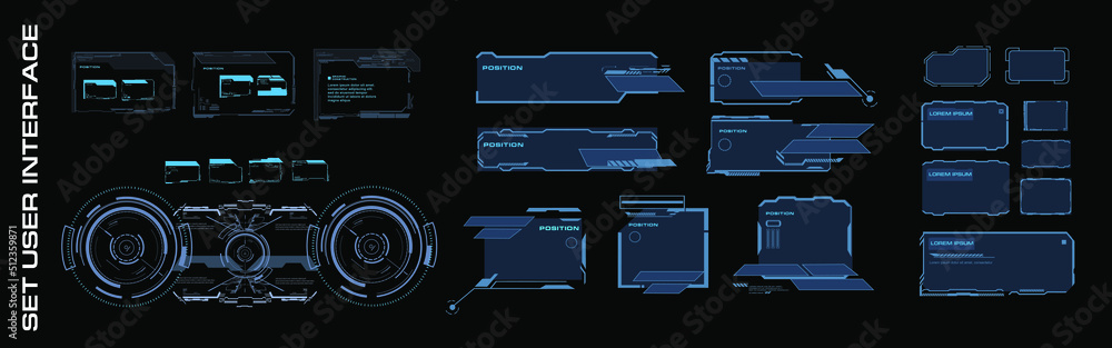 Fototapete Futuristic digital dialog boxes and frames for PC gaming user interface. Virtual graphical user interface with elements HUD digital UI mockup