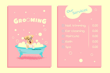 Concept of a grooming salon. Cartoon dog sitting in a bubble bath. Vector Illustration business card pricelist and special offer for pet grooming salon with dog and bubbles. Printable template a4