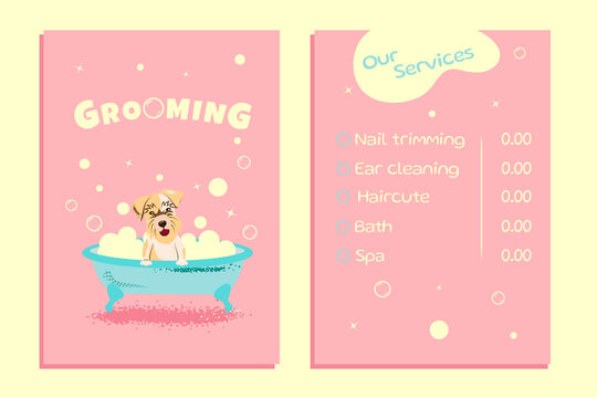 Concept of a grooming salon. Cartoon dog sitting in a bubble bath. Vector Illustration business card pricelist and special offer for pet grooming salon with dog and bubbles. Printable template a4