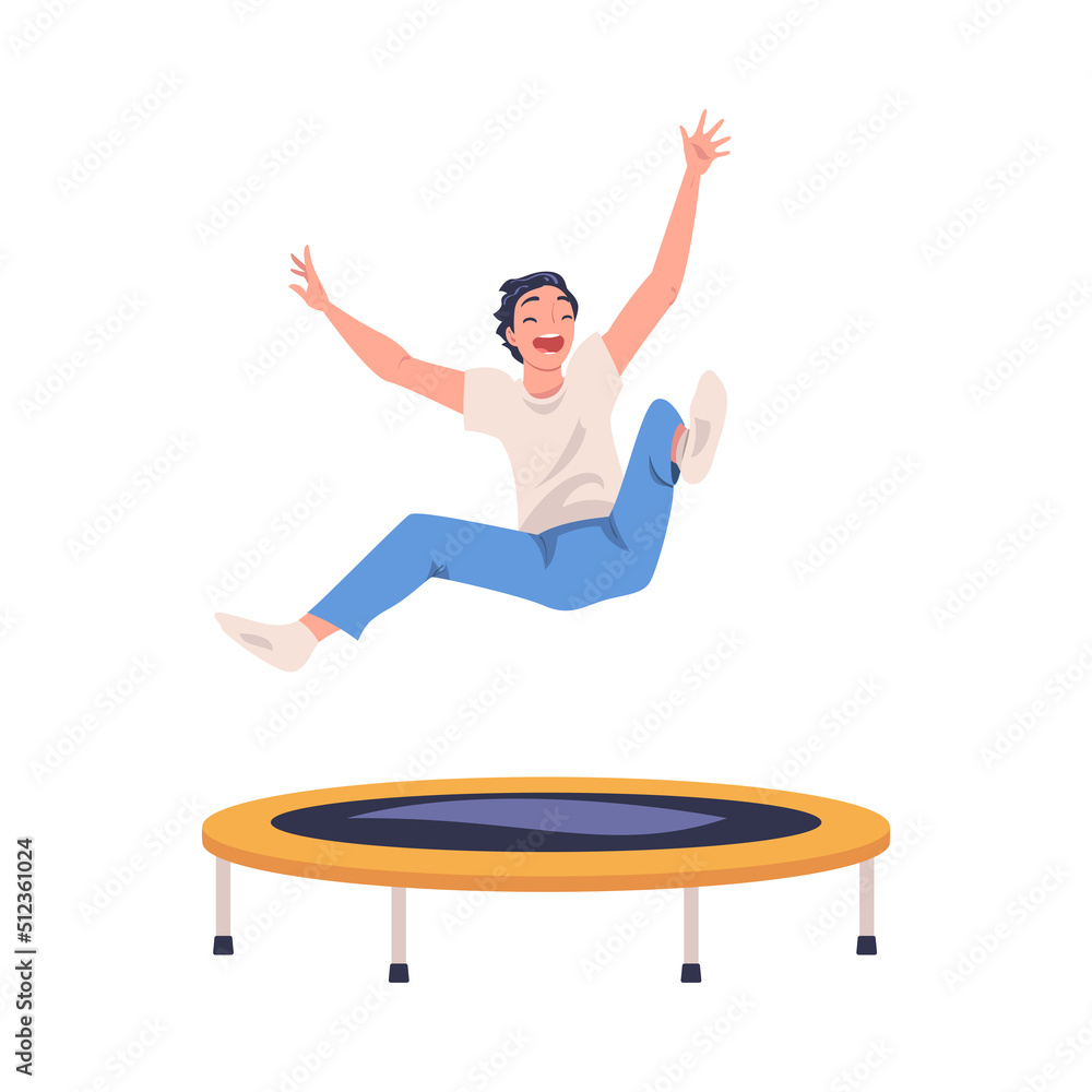 Poster cheerful man character jumping and bouncing on trampoline engaged in recreational activity vector il
