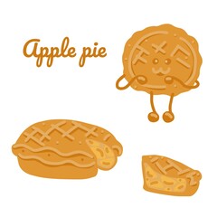 Apple pie. Whole apple pie, piece of pie, cute character. Vector hand draw cartoon illustration. 