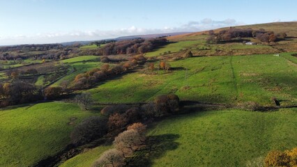 Aerial view of rural countryside and farmland. 