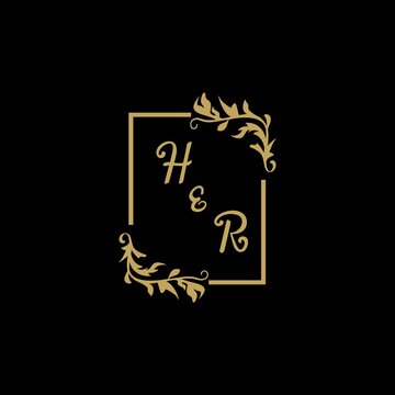 HR beauty and elegant wedding monogram initial logo with gold square