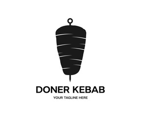 Doner kebab cooking, Arabic cuisine frame logo design. Turkish fast food restaurant, barbecue cafe or grill bar symbol of skewer or rotating spit with grilled meat vector design and illustration.