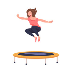 Excited Woman Character Jumping and Bouncing on Trampoline Engaged in Recreational Activity Vector Illustration