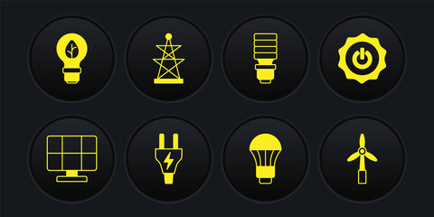 Set Solar energy panel, Power button, Electric plug, LED light bulb, tower, Wind turbine and Light with leaf icon. Vector