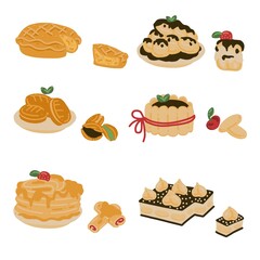 Cake set: tiramisu, apple pie, pancake, doroyaki, profiterole.  Vector hand draw cartoon illustration.
