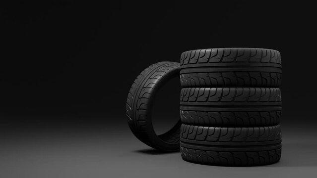 advertising banner with four summer car tires rotating above a dark background, copy space