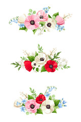 Bouquets of red, pink, blue, and white poppy, forget-me-not, bluebell, and lily of the valley flowers isolated on a white background. Set of vector illustrations