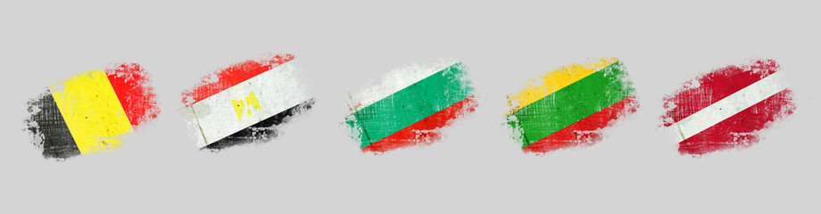 Grunge flags, Belgium. Egypt. Bulgaria.Latvia, and Lithuania. Isolated on grey background Signs and symbols