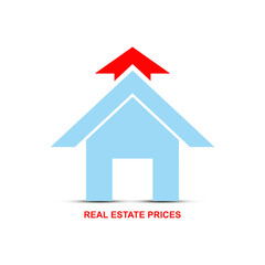 Rising property prices. Icon of house, and arrow up, isolated on a white background. Copy space. World crisis. Business.
