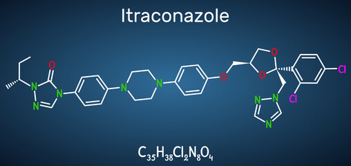 Itraconazole molecule. It is triazole antifungal drug used for the treatment of various fungal infections. Structural chemical formula on the dark blue background.