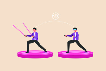 Young boy with his friend playing virtual game with VR glasses and long sword. Virtual and metaverse concept. Flat vector illustration.