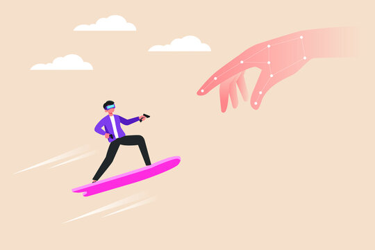 Young boy riding with skate and big hand virtual. Virtual and metaverse concept. Flat vector illustration.