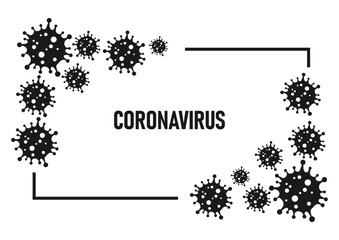 Covid-19 coronavirus banner with microscopic viruses in isolated white background.