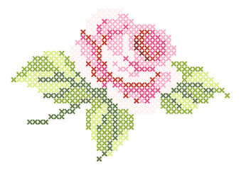 Cross stitch pink rose. Flower with leafs. White background. - obrazy, fototapety, plakaty