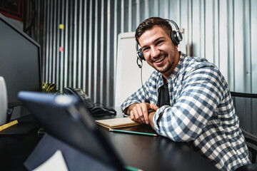 Customer service support operator man with headphones and microphone talking to client in call...