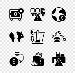 Set Safe, Stop delivery cargo truck, Global economic crisis, Debt ball chained coin, Fire burning house, Shutdown of factory, Broken piggy bank and Drop crude oil price icon. Vector