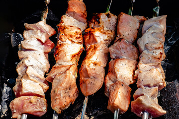 Burnt pork skewers on iron grill, outdoors, close-up, over real charcoal.