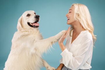 Contact concept. Woman teaching her dog new commands, labrador giving paw to his female owner, blue...
