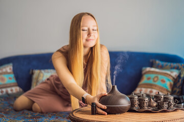 Aromatherapy Concept. Wooden Electric Ultrasonic Essential Oil Aroma Diffuser and Humidifier....