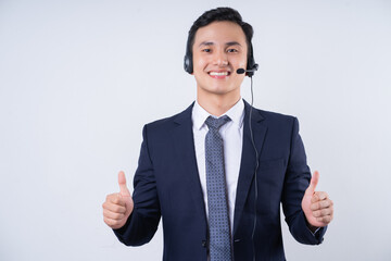 Image of young Asian businessman on background