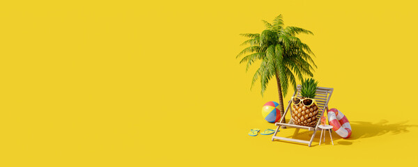 Fototapeta Pineapple with sunglasses resting and drink cocktail on the beach, Summer vacation concept on yellow background 3d render 3d illustration obraz