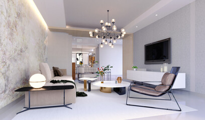 3d rendering,3d illustration, Interior Scene and  Mockup,Modern luxury living room decorated pattern wallpaper.