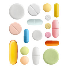 Set of different colourful pills isolated on white background. Pharmacy, pharmacology, medicine