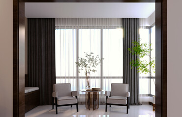 Fototapeta premium 3d rendering,3d illustration, Interior Scene and Mockup,modern style living room wall decoration.