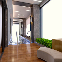 3d rendering,3d illustration, Interior Scene and  Mockup,Indoor pool, wooden floor building.