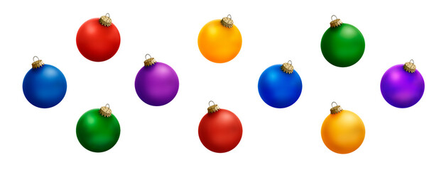 A collection of colourful Christmas Bauble decorations in bright Matte  colors isolated against a white background.