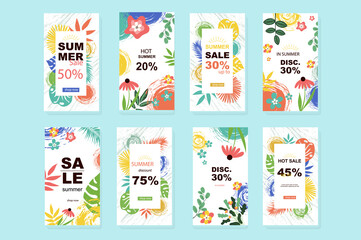 Summer sale template for instagram stories. Mockups vertical design seasonal clearance and colourful floral frames with blooming flowers, leaves. Collection layouts for insta story at social network