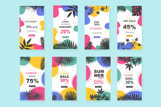 Summer sale template for instagram stories. Mockups vertical design seasonal online shopping offer and colourful floral frames and tropical leaves. Collection layouts for insta story at social network