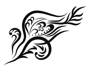 Black silhouette of oriental ornament. Abstract tattoo pattern element.  Abstract asymmetric pattern. Doodle ornament. Black and white tracery. Outline vector illustration.