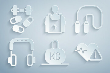 Set Weight, Jump rope, Headphones, Heart rate, Bodybuilder and Sports doping with dumbbell icon. Vector