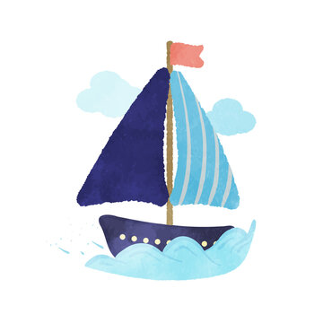 Illustration of a cute yacht running on the waves 01